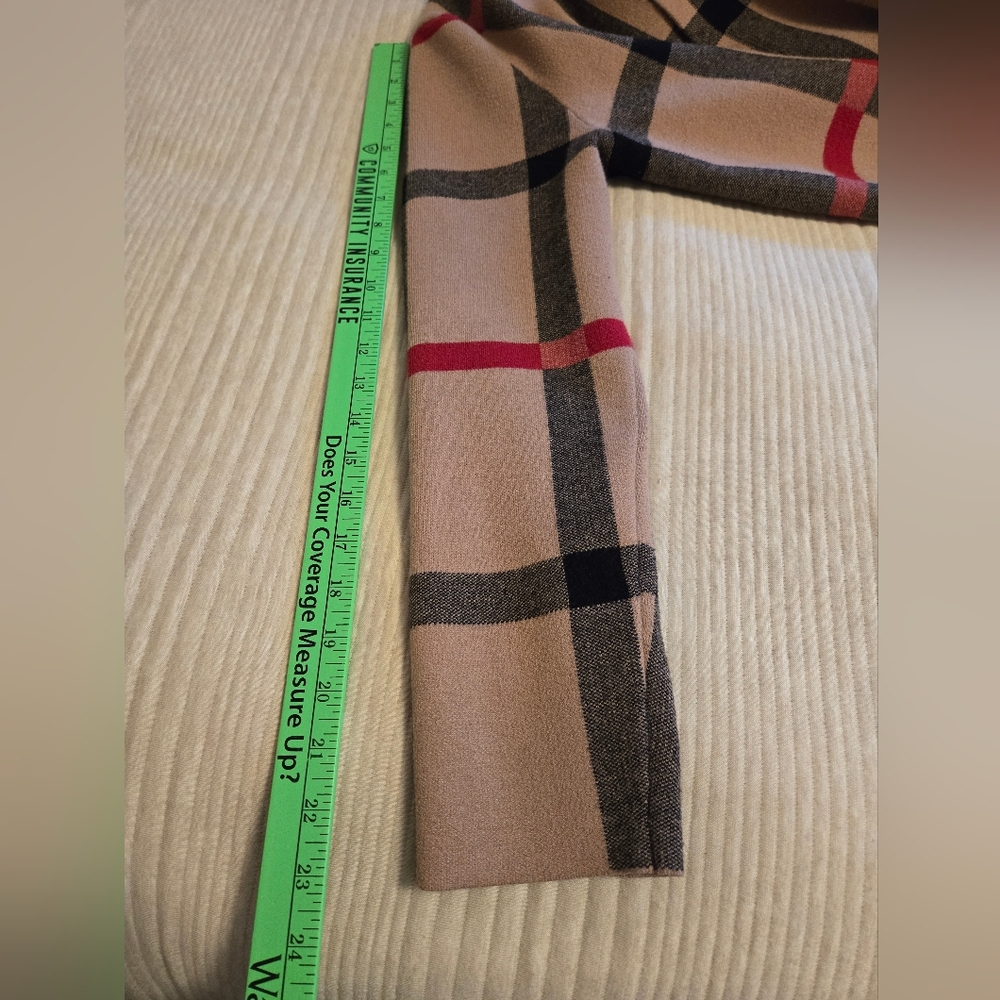 TAHARI PLAID LONG OPEN CARDIGAN - Tan, Black, Red. SIZE XL. - Picture 7 of 9